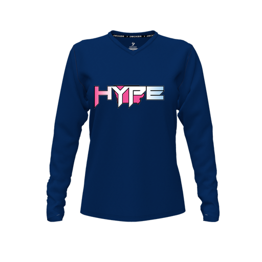 [CUS-DFW-TEES-CMF-VNK-LSL-NVY-FYXS-LOGO1] Decker Comfort T-Shirt (Female Youth XS, Navy, V Neck, Logo 1, Long Sleeve)