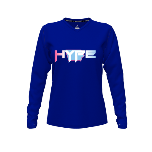 [CUS-DFW-TEES-CMF-VNK-LSL-RYL-FYXS-LOGO2] Decker Comfort T-Shirt (Female Youth XS, Royal, V Neck, Logo 2, Long Sleeve)