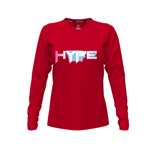 [CUS-DFW-TEES-CMF-VNK-LSL-RED-FYXS-LOGO2] Decker Comfort T-Shirt (Female Youth XS, Red, V Neck, Logo 2, Long Sleeve)