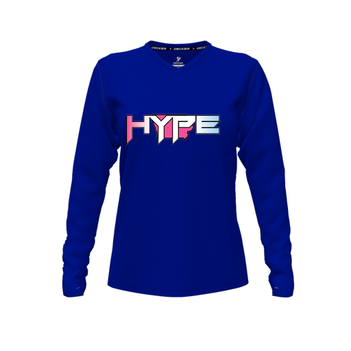 [CUS-DFW-TEES-PER-VNK-LSL-RYL-FYXS-LOGO1] Decker Performance T-Shirt (Female Youth XS, Royal, V Neck, Logo 1, Long Sleeve)